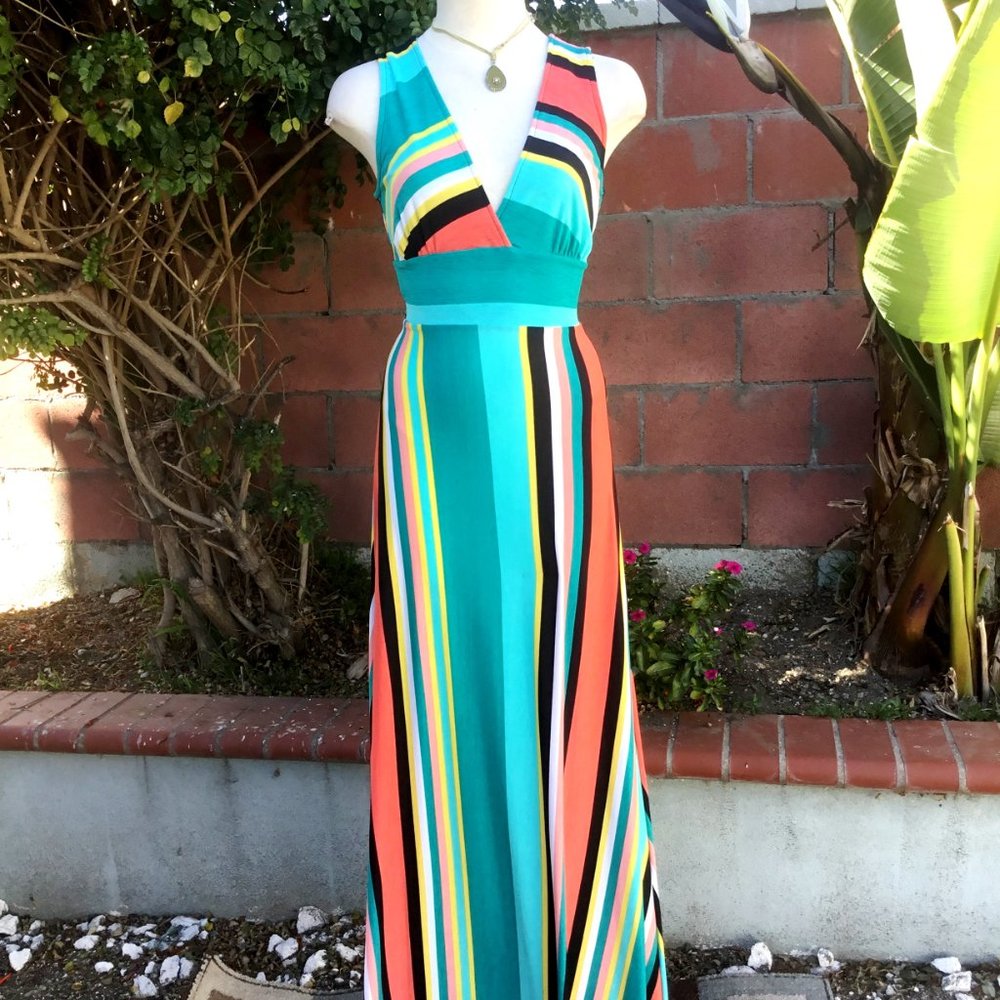 Casual Colorful Stripped Sundress Long Dress Sleeveless A-Line Cutout Stretchy S